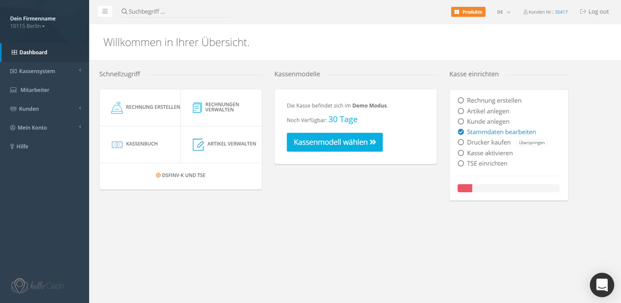 Vom Dashboard zur TSE Einrichtung in der helloCash Kasse