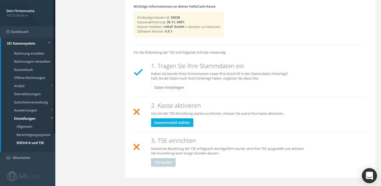 helloCash Kassensystem aktivieren