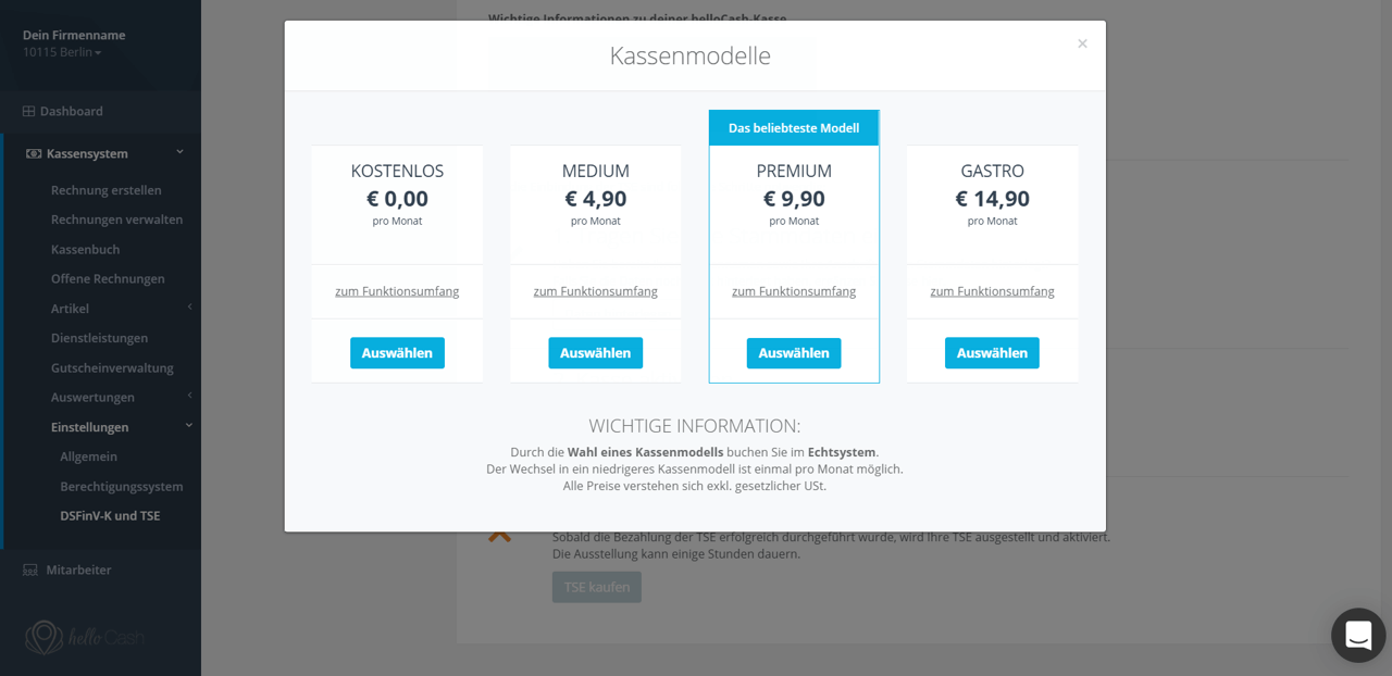helloCash Kassenmodell auswählen