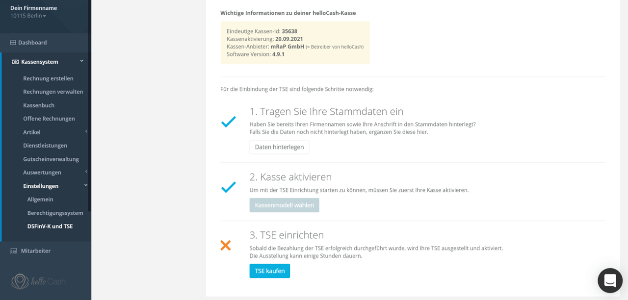 TSE einrichten im helloCash Kassensystem