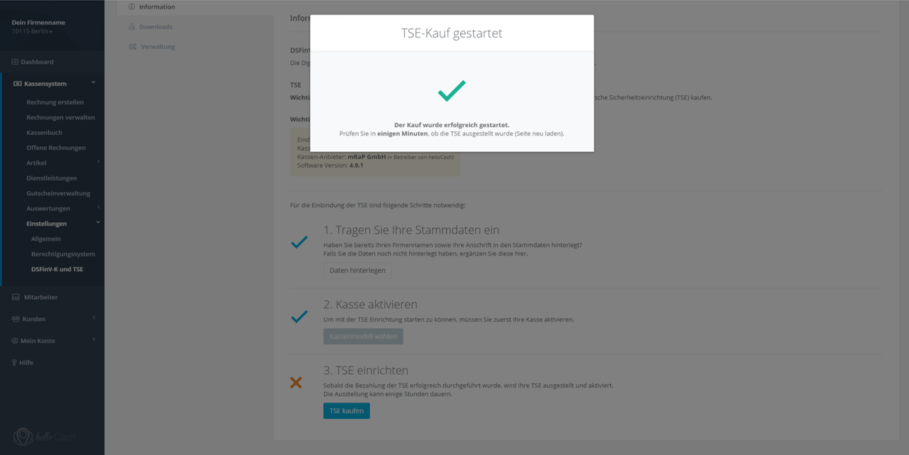 TSE Kauf in helloCash gestartet
